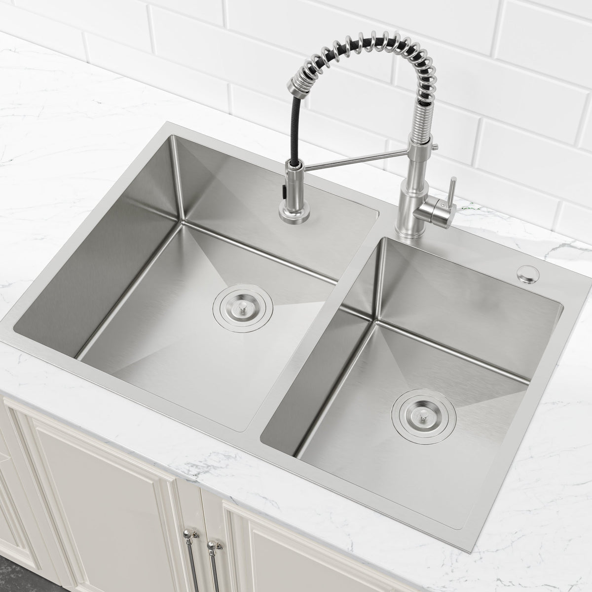 33'x19' Embedded Double Bowl Kitchen Sink, Overmount Handmade Sink in Brushed (Sink only)