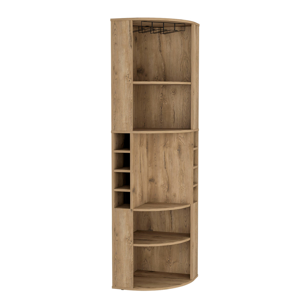 Corner Bar Cabinet 71'H with Five Shelves, Eight Bottle Cubbies and Stemware,Macadamia