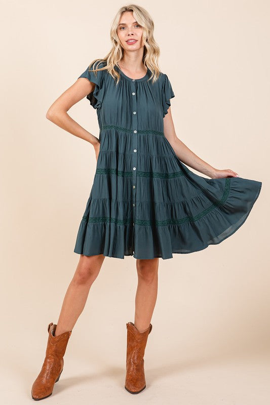 Lace Detail Ruffled Button Down Tiered Dress For Women – Romantic and Feminine Dress with Delicate Lace and Flowing Tiers