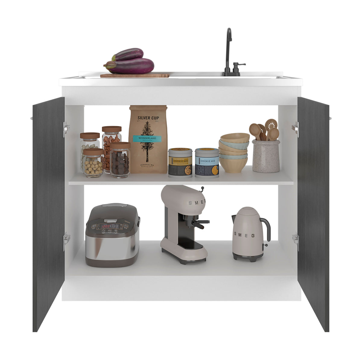 Salento Freestanding Sink, Double Door Cabinet, White / Smokey Oak