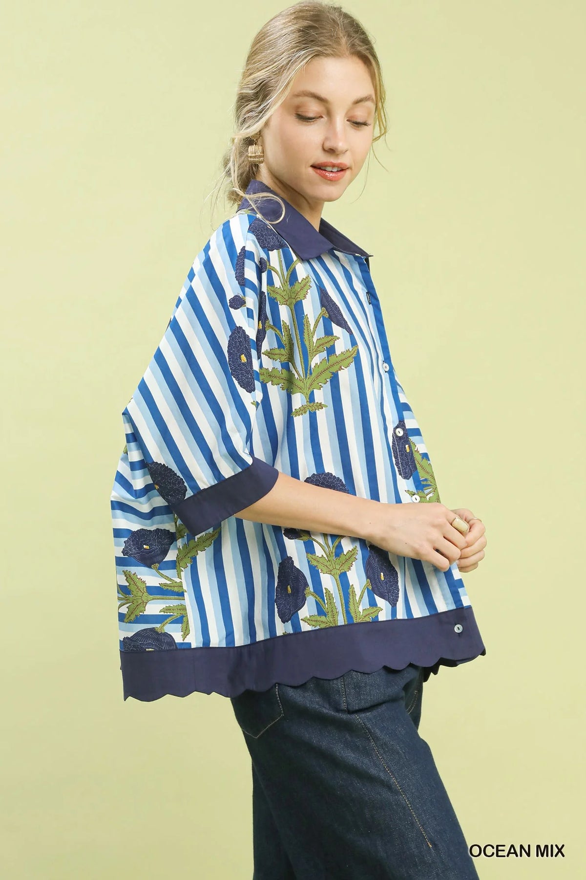Umgee Mix Floral Stripe Button Down Top