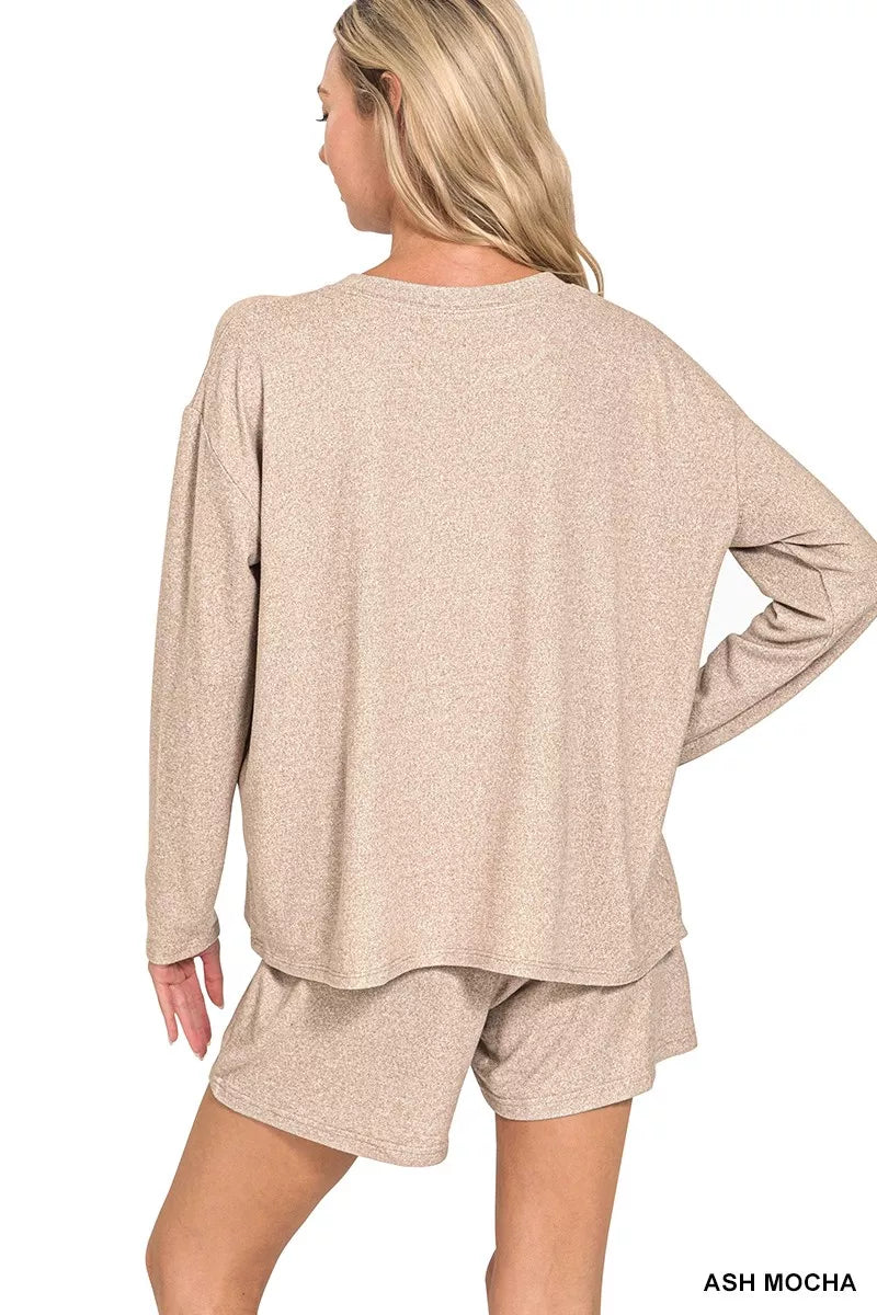 Zenana Soft Melange Long Sleeve Tee and Shorts Set