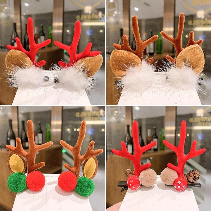 2pcs Cute Deer Ear Hairpins Christmas Hair Clips For Girls Cartoon Antlers Barrettes Lovely Pompom Hairgrips Fashion Hair Accessories For Women