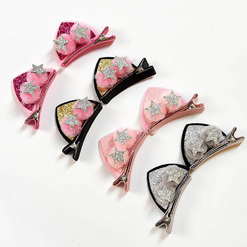 2pcs/Set Cute Hair Clips For Girls Glitter Rainbow Felt Fabric Flowers Hairpins Cat Ears Bunny Barrettes Kids Hair Accessories for Halloween Parties Cosplay for Girls