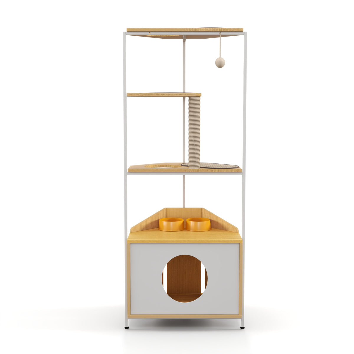 Modern Corner Cat Tower with Scratching Post, Cat Condo and Feeding Station, White and Light Oak Particle Board, 58.27-inch Height