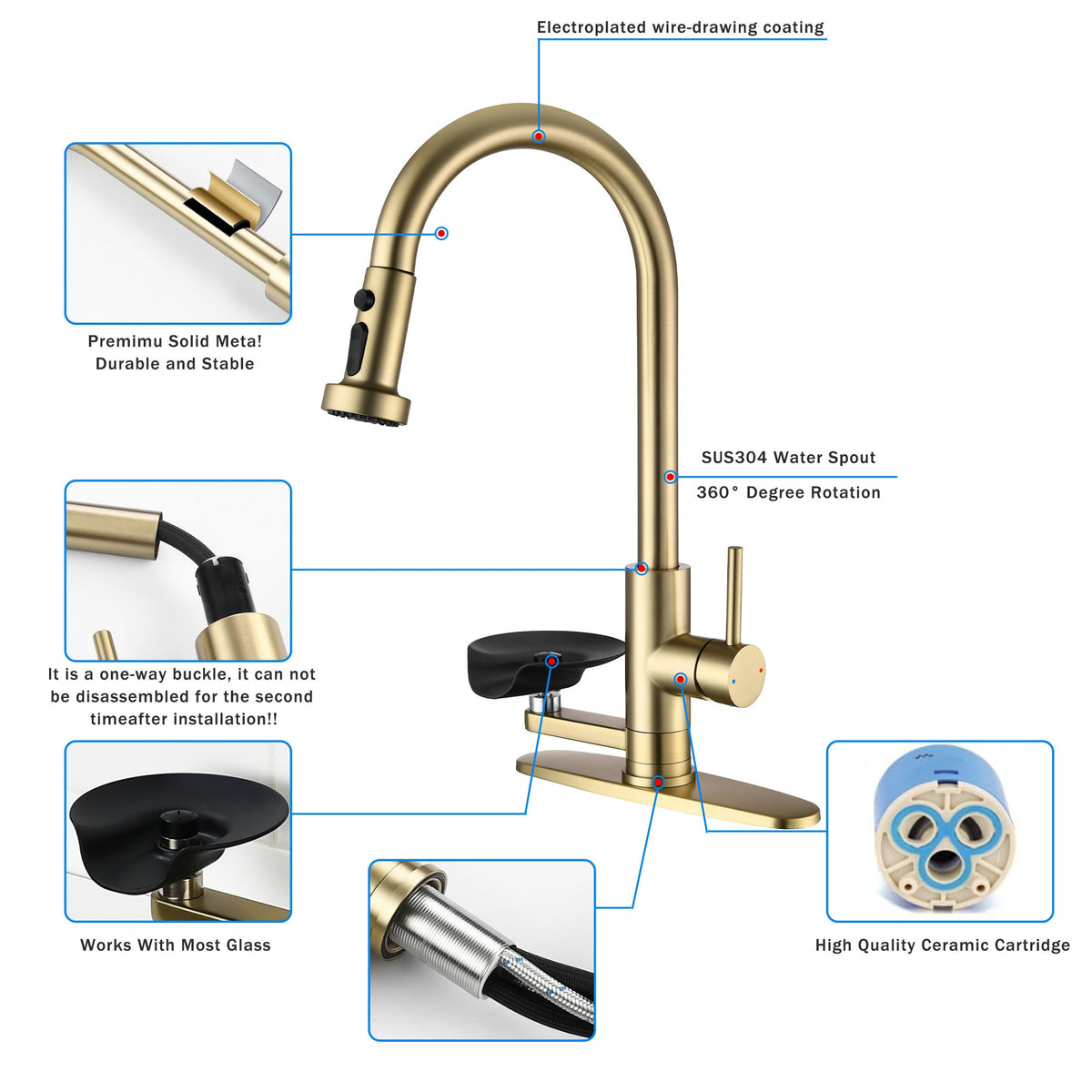 3-in-1 Kitchen Faucet with Press-Type Glass Rinser, Brushed Gold Finish, High-Arc Pull-Down Sprayer, Universal for 1 & 3 Holes, Stainless Steel and ABS Construction