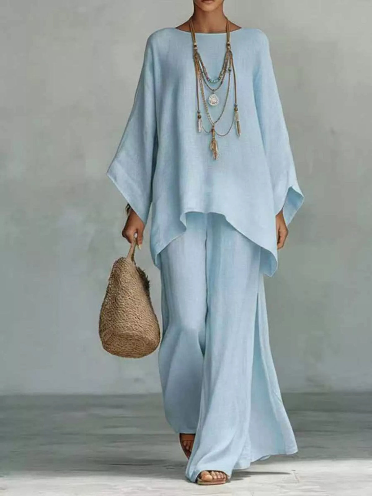 Full Size Round Neck Top and Wide Leg Pants Set Plus Size