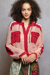 POL Texture Woven Button Down Hooded Shirt with Drawstring Hem