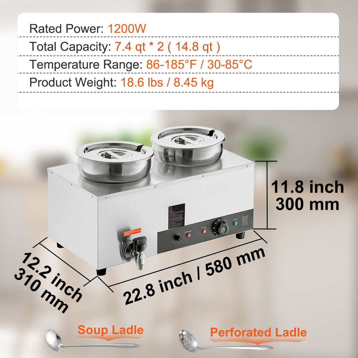 Electric Soup Warmer, Dual 7.4QT Stainless Steel Round Pot 86~185°F Adjustable Temp, 1200W Commercial Bain Marie with Anti-dry Burn and Reset Button, Soup Station for Restaurant, Buffet, Silver