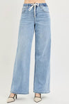 RISEN Elastic Band Slouchy Wide Jeans with Drawstring