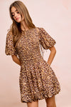 BiBi Leopard Bow Tie Attachable Puff Sleeves Dress