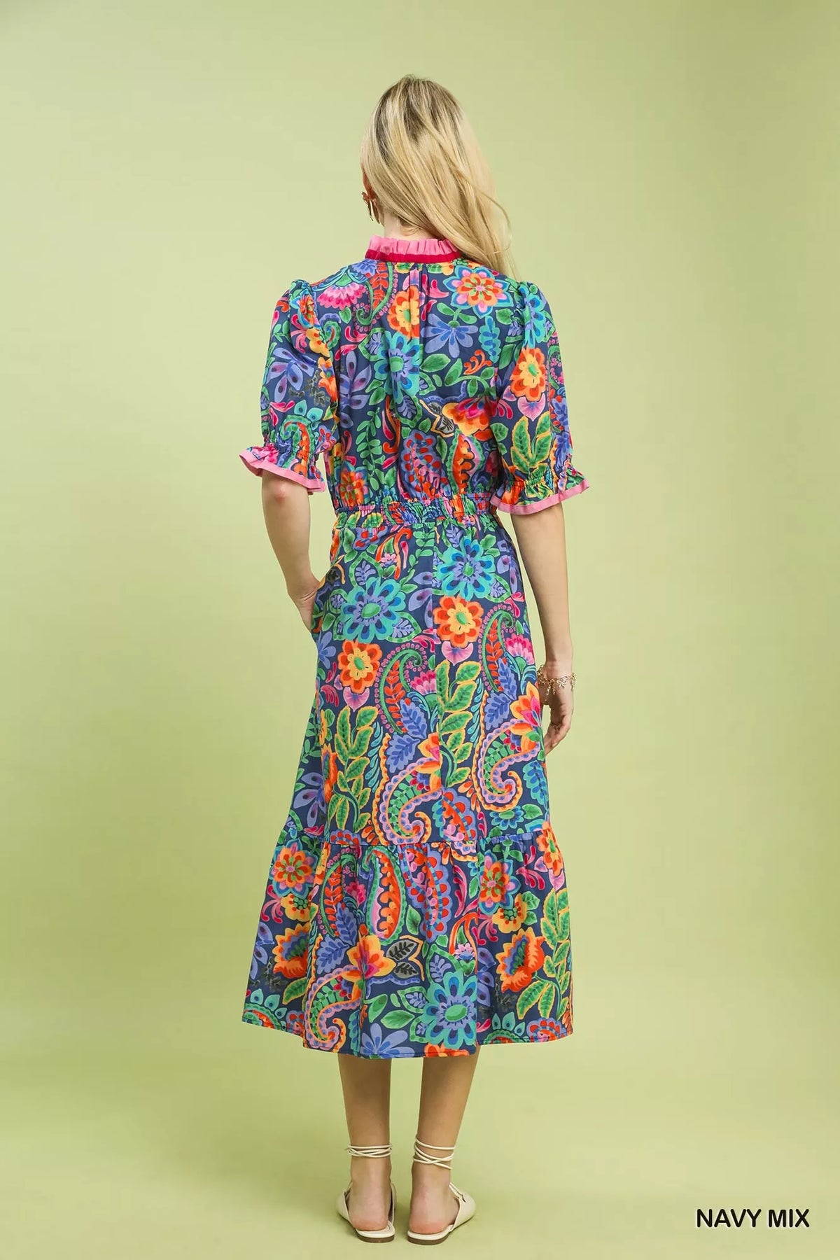 Umgee Mix Floral Midi Dress with Ruffle Trim