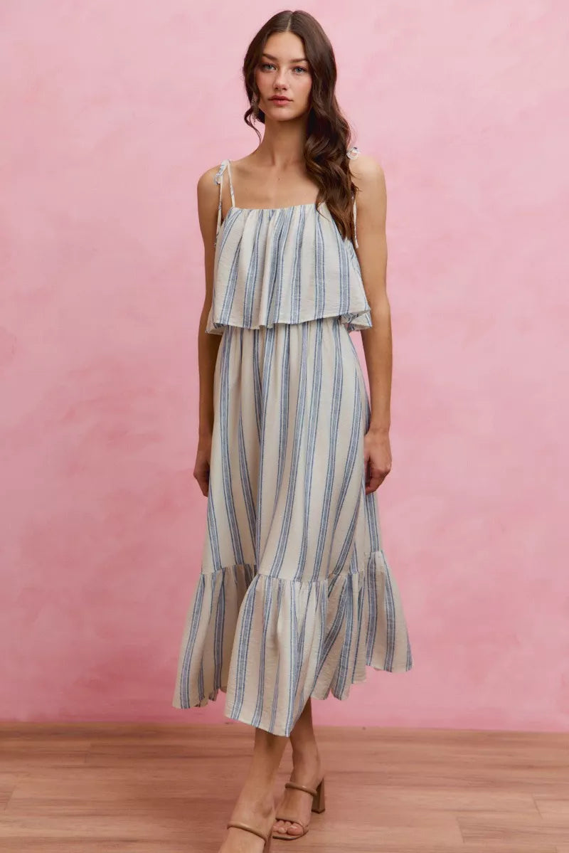 SO ME Stripe Tiered Shoulder Tie Midi Lined Dress