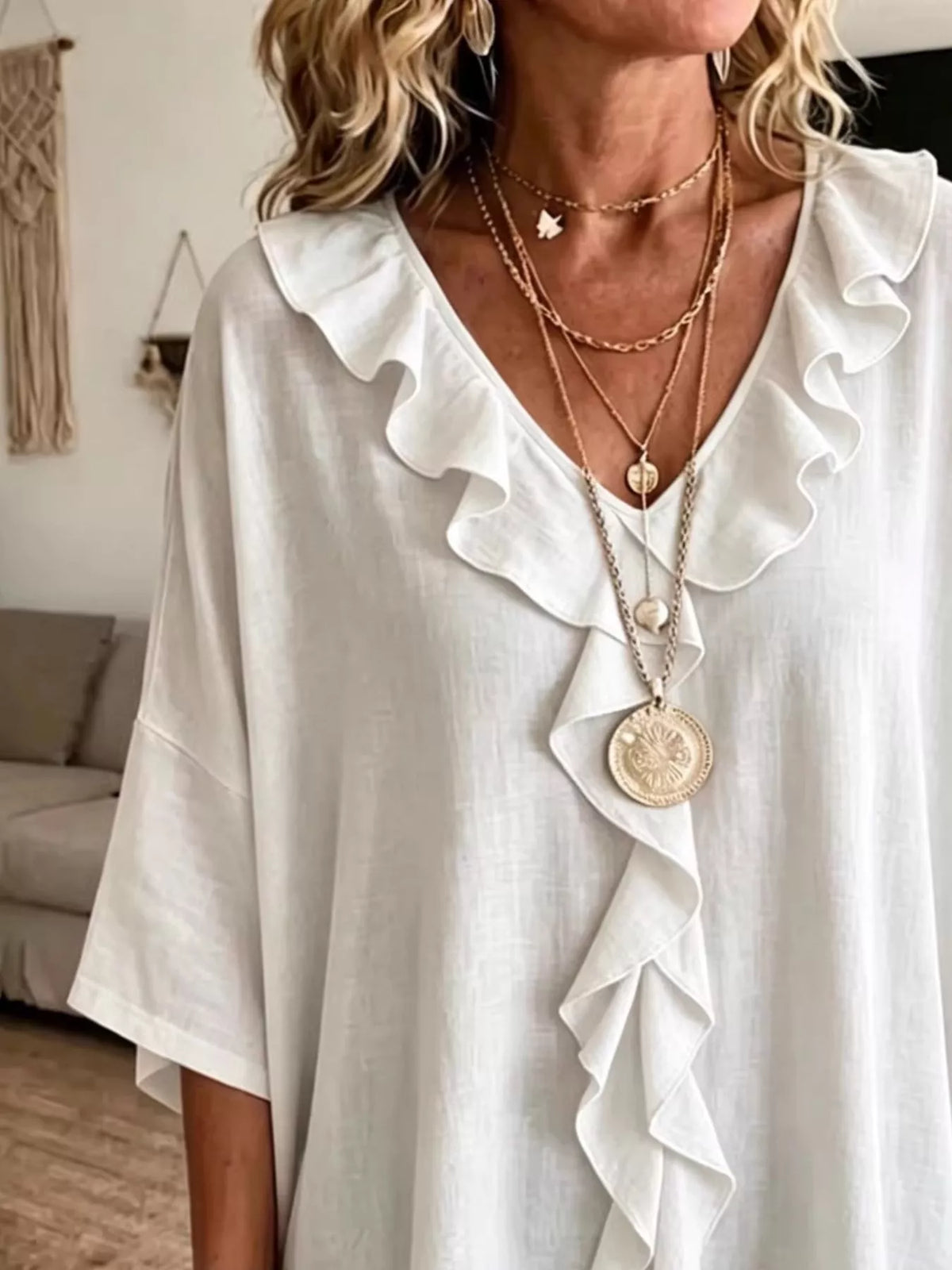 Full Size Ruffle V-Neck 3/4 Sleeve Blouse Plus Size