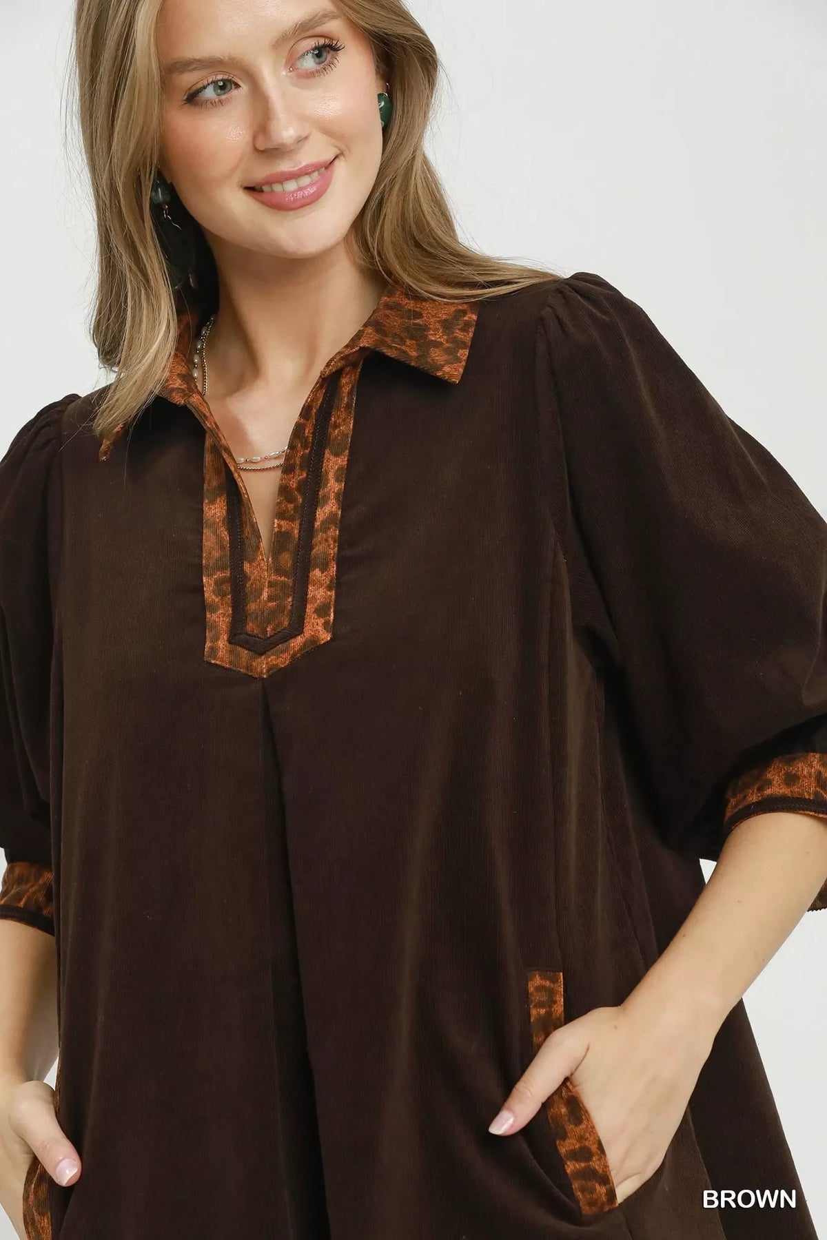 Umgee V-Neck Shift Dress with Contrast Trim