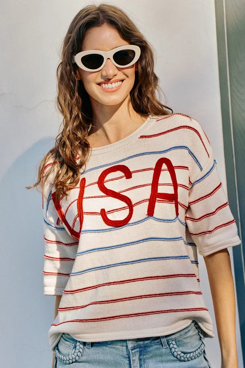 SO ME Usa Stripe Knit Short Sleeves Sweater Top