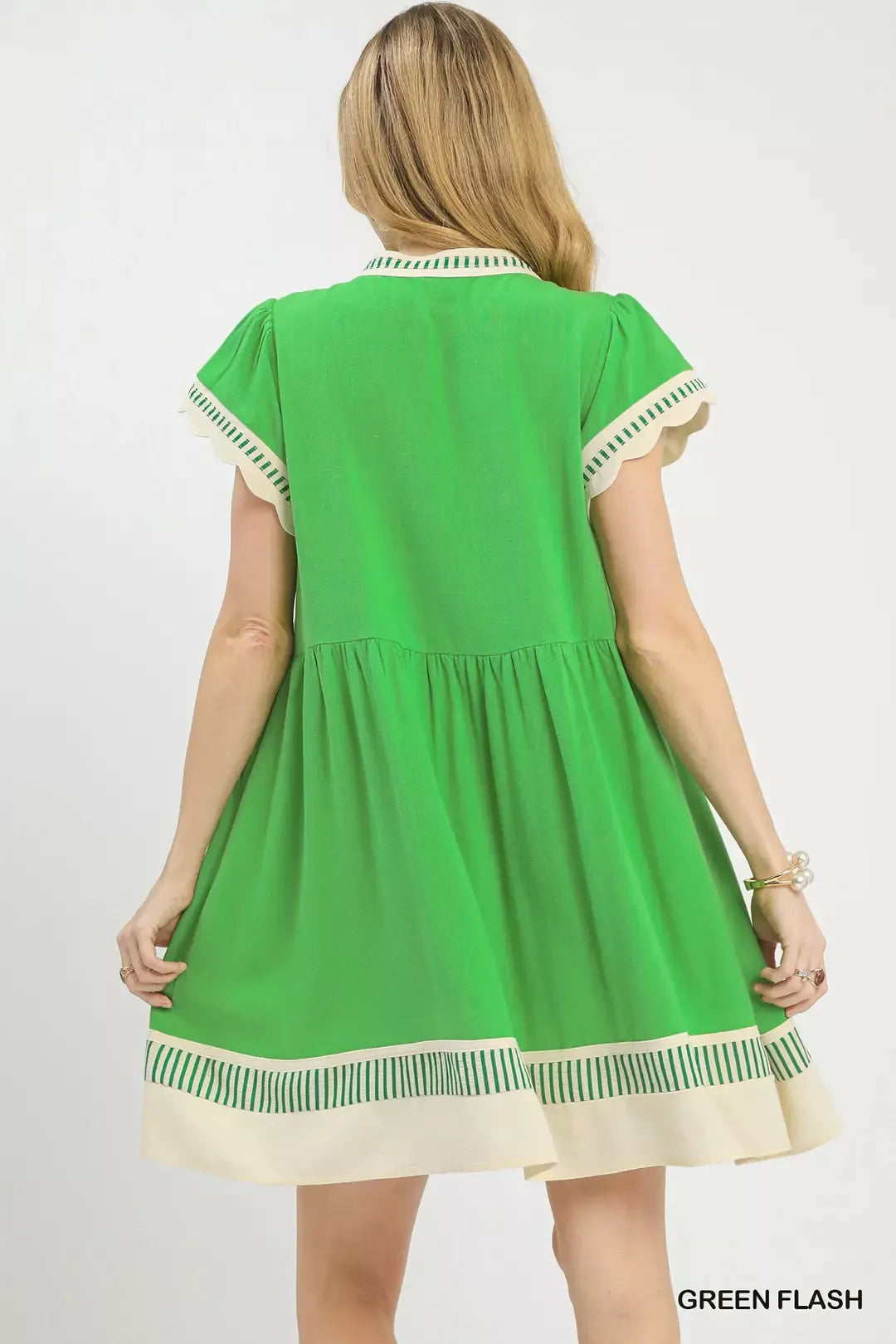 Umgee Linen Color Block Flutter Sleeve Dress
