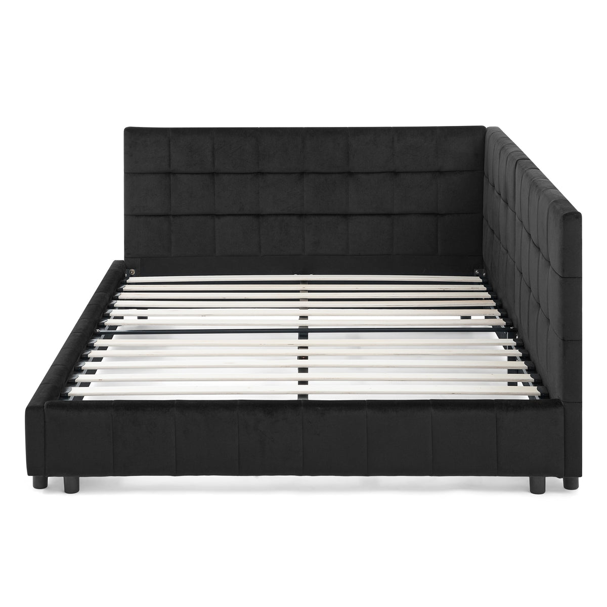 Mid-Century Full Size Upholstered Tufted Bed Frame with Comfortable Backrest and Armrests, Velvet, Black