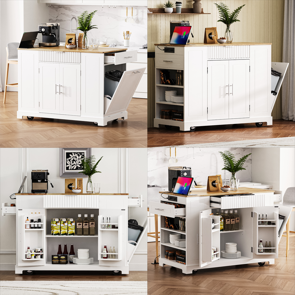 K&K Fluted Kitchen Island with Trash Can Storage Cabinet, Power Outlet, Internal Storage Rack, Rolling Kitchen Islands on 5 Wheels with 3 Drawer, 3 Open Side Racks for 10 Gallon Garbage Bin, White