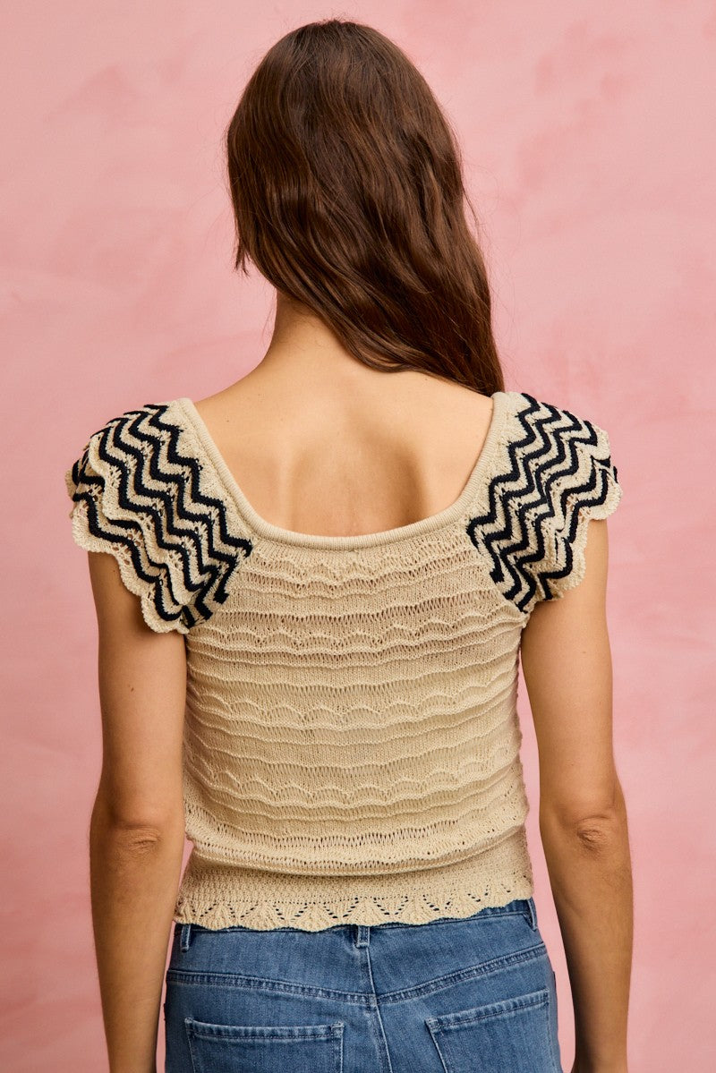 SO ME Wavy Textured Knit Top With Fluttered Sleeves