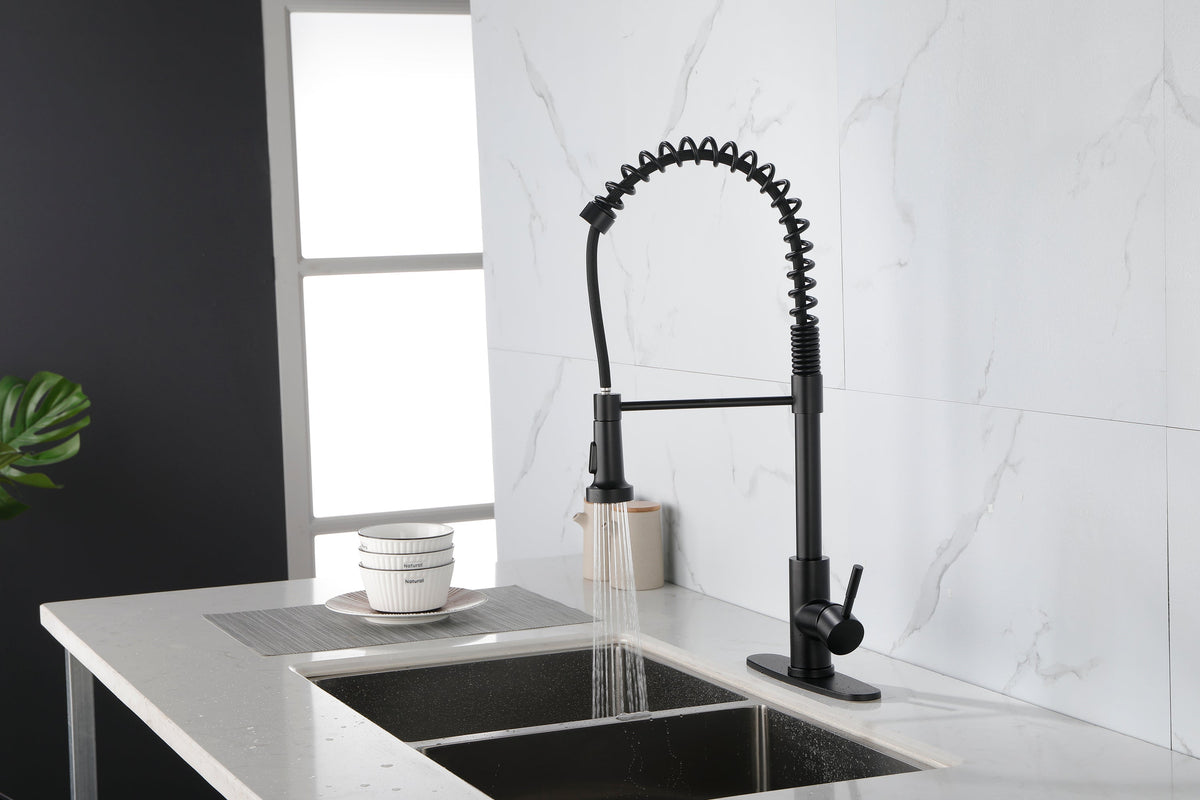 Spring kitchen faucet with pull-out sprayer, stainless steel single handle single hole kitchen sink faucet