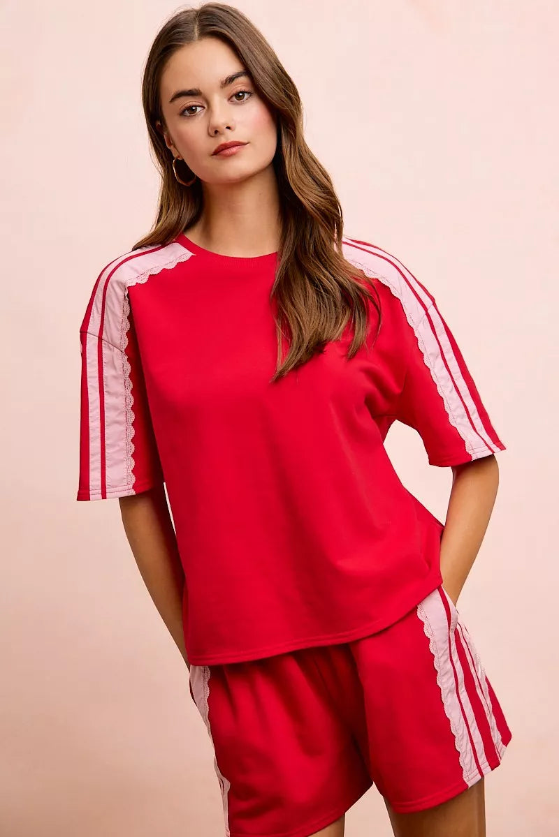 BiBi French Terry Side Lace Detail Short Sleeves Top