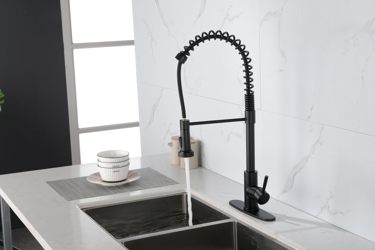 Spring kitchen faucet with pull-out sprayer, stainless steel single handle single hole kitchen sink faucet