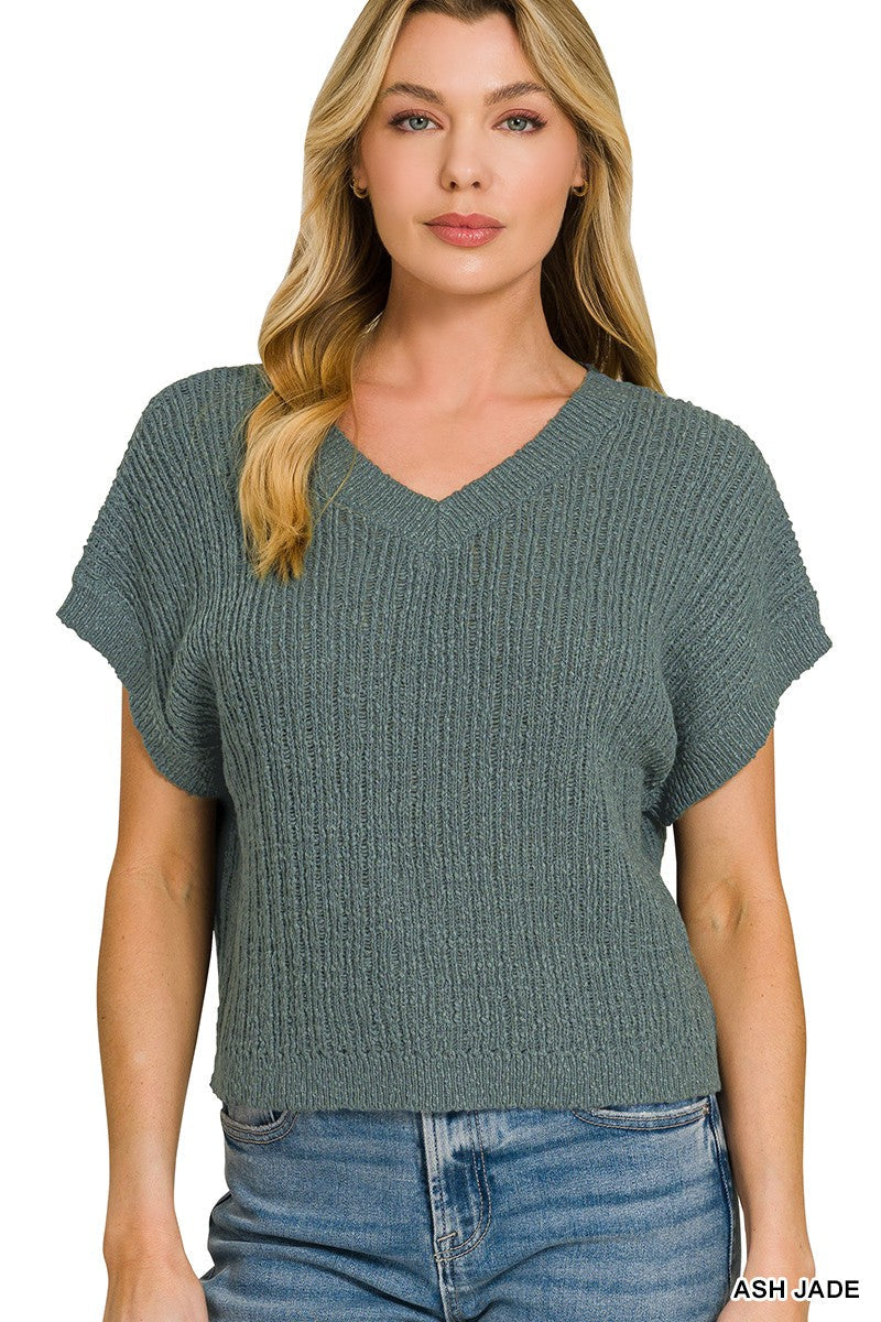 Zenana Textured Knit V-Neck Cropped Sweater