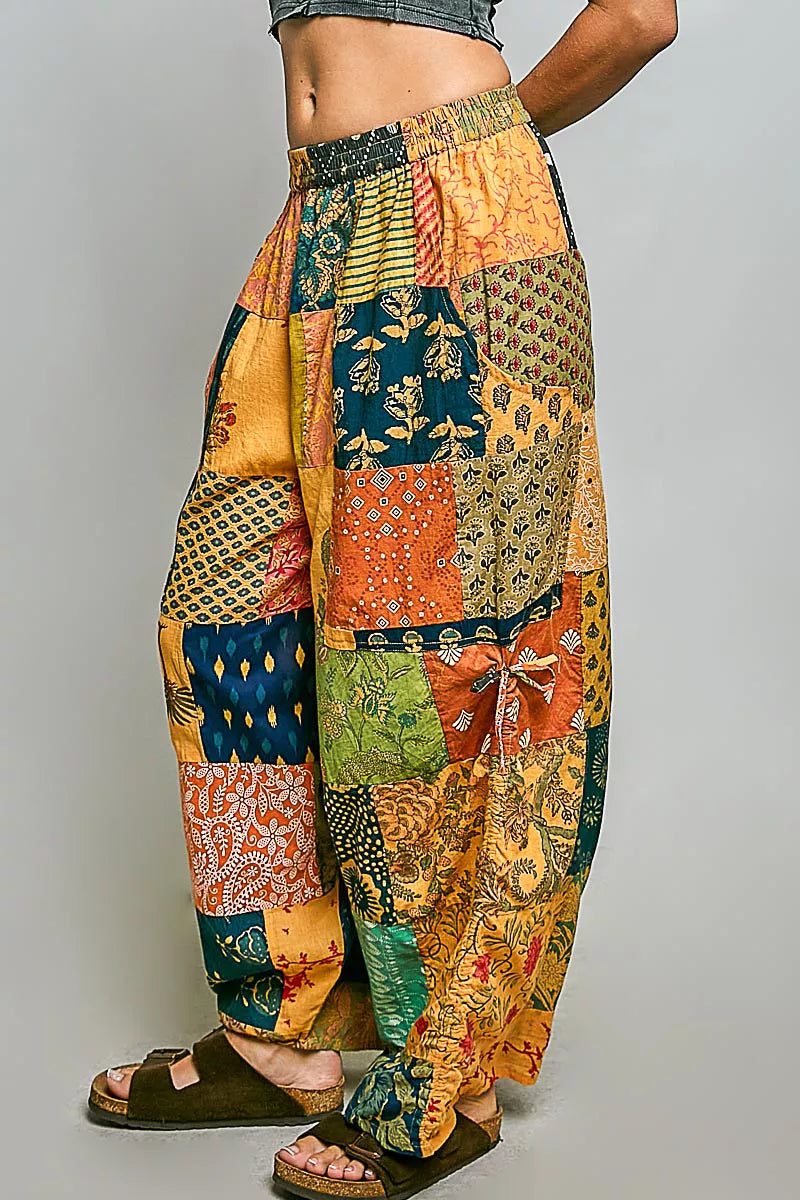 POL Printed Patchwork Wide Leg Pants with Adjustable Side Drawstring