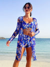 Luxe Lines 3-Piece Geometric Bikini Set for Women – High Rise Drawstring Bikini with Boxer Shorts & Long Sleeve Sheer Kimono Cover-Up – Bold & Breezy Women’s Swimwear for Summer Beach Pool & Getaways