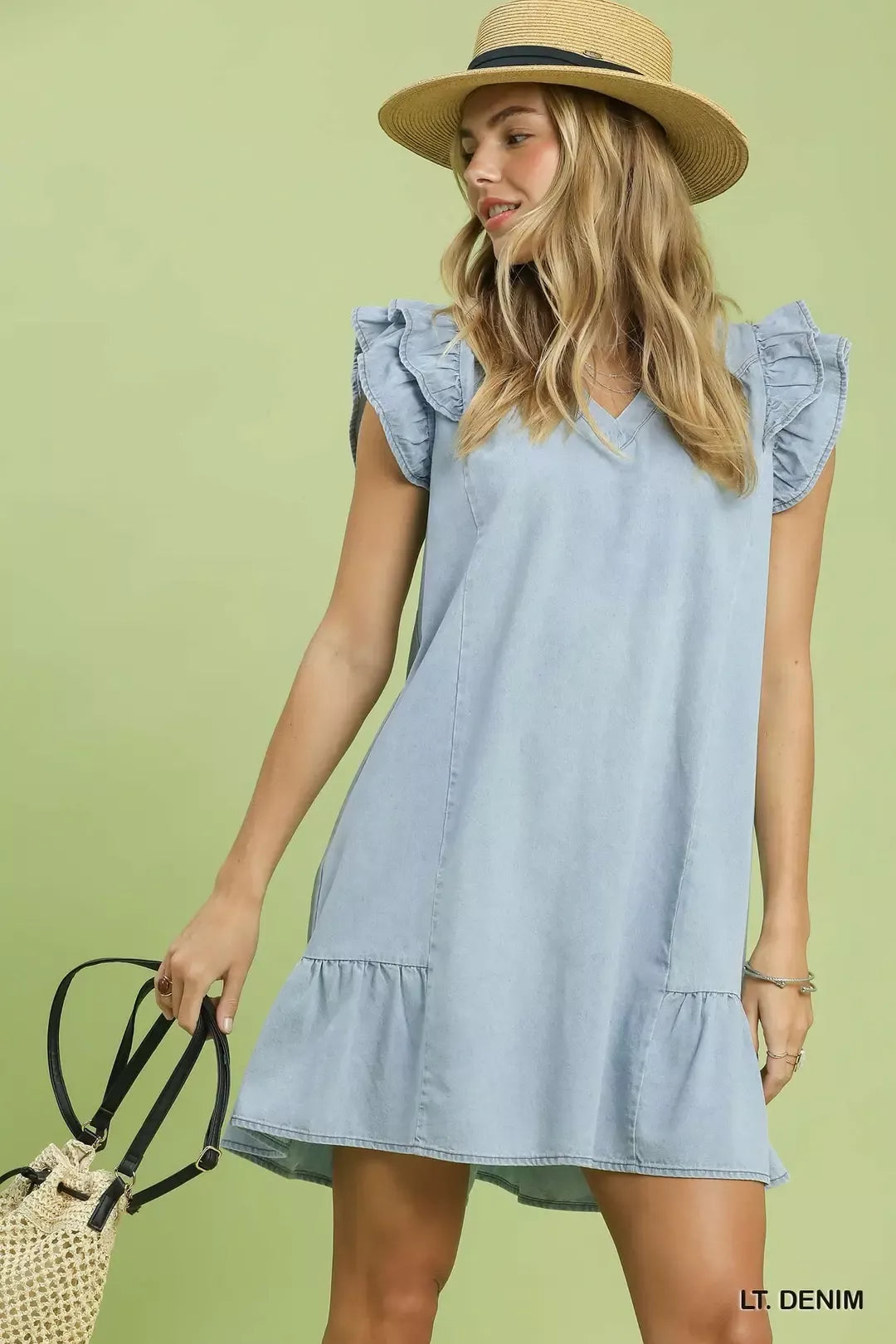 Umgee Chambray Ruffled Denim Dress with Side Pockets