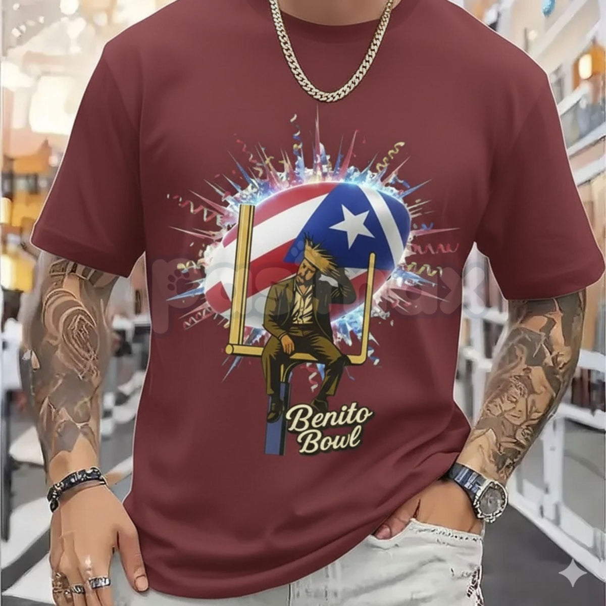 Unisex "Benito Bowl" Football Helmet Star T-Shirt - Bad Bunny Inspired Sports Graphic Tee, Premium Heavyweight Varsity Style Shirt, 100% Cotton Concert Apparel, Latin Urban Artist Football Top, Modern Streetwear Graphic Tee