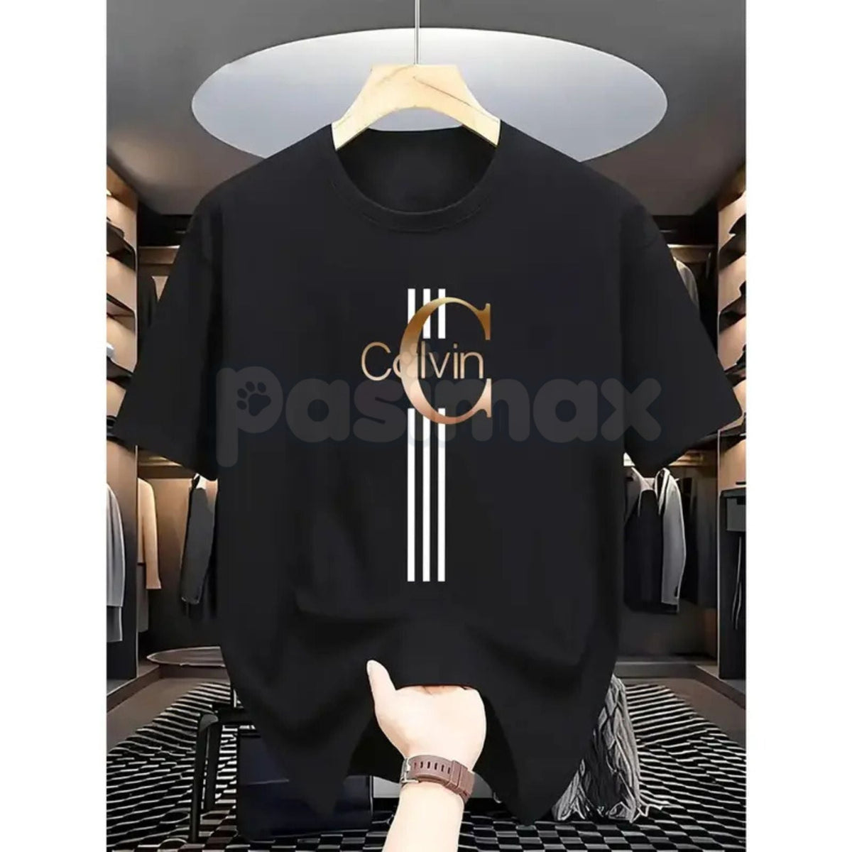 Men's Casual Calvin Print T-Shirt - Black & Gold Stripes Streetwear Tee, Comfortable Summer Crew Neck Top, Modern Urban Graphic Daily Essential Apparel
