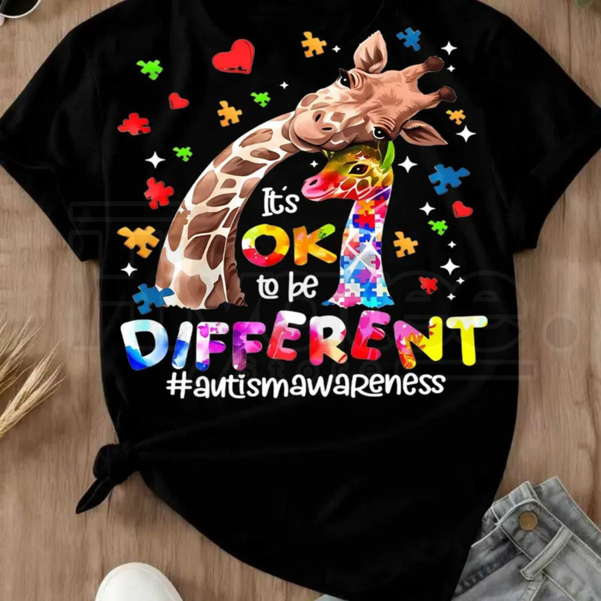 "Ok To Be Different" Giraffe – Autism Awareness Puzzle Hearts Women's Top
