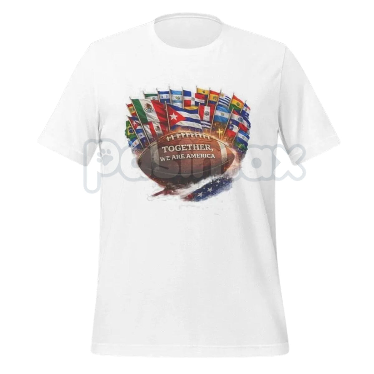 "Together We Are America" Football Graphic T-Shirt - Latino Heritage Sports Tee, Premium Heavyweight Valentine's Day Gift for Men, Vintage Unity Gridiron Shirt, Hispanic Pride Football Apparel, Made in USA Custom Graphic Top