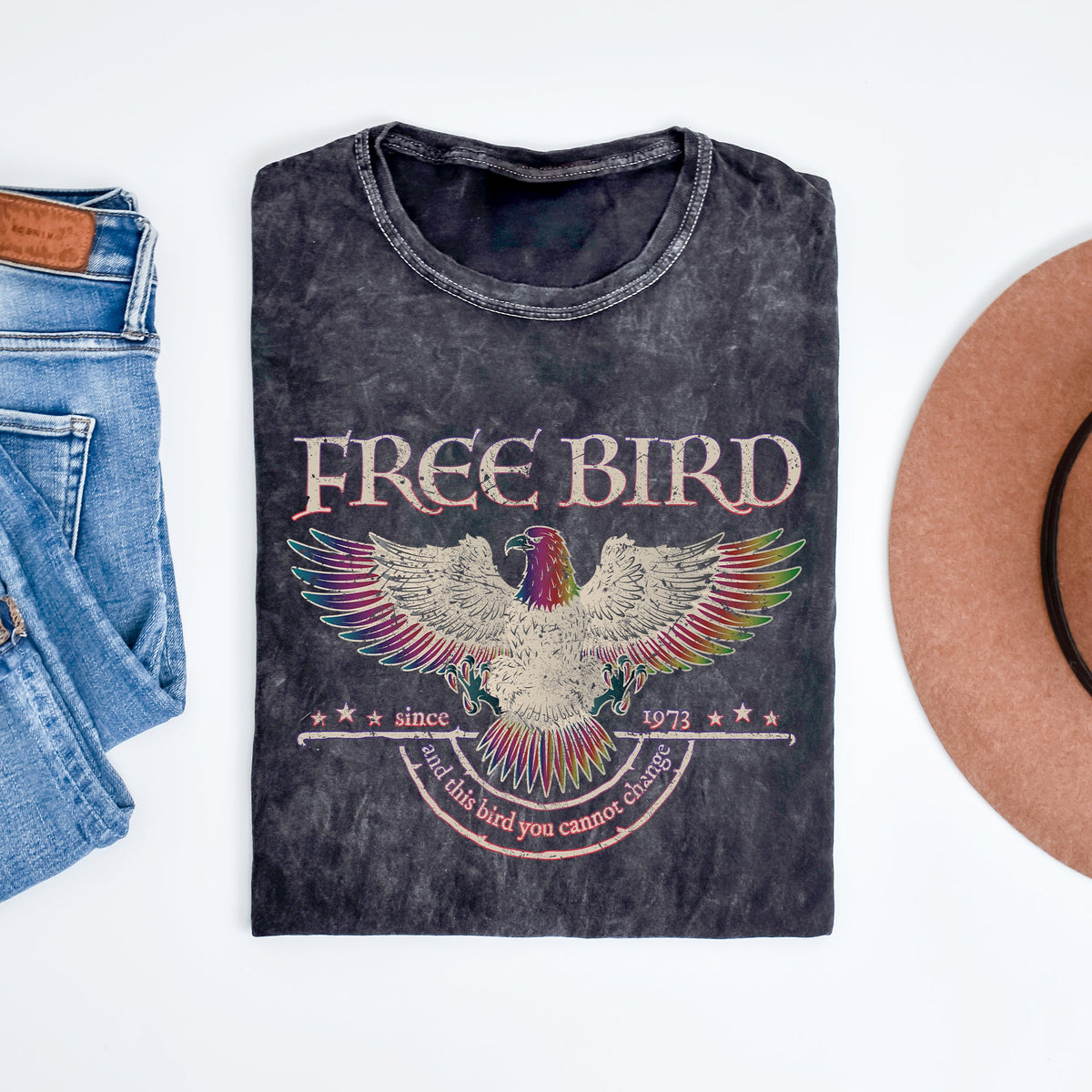Free Bird Vintage Mineral Wash Old School Rock Band Tribute Classic Retro Style Graphic Tee
