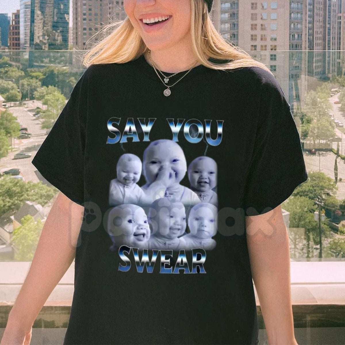 Niche Baby Holding Laugh Graphic T-Shirt - Ironic Surreal Meme Tee, Funny Aesthetic "Shitpost" Apparel, Trendy Weird Core Social Media Shirt