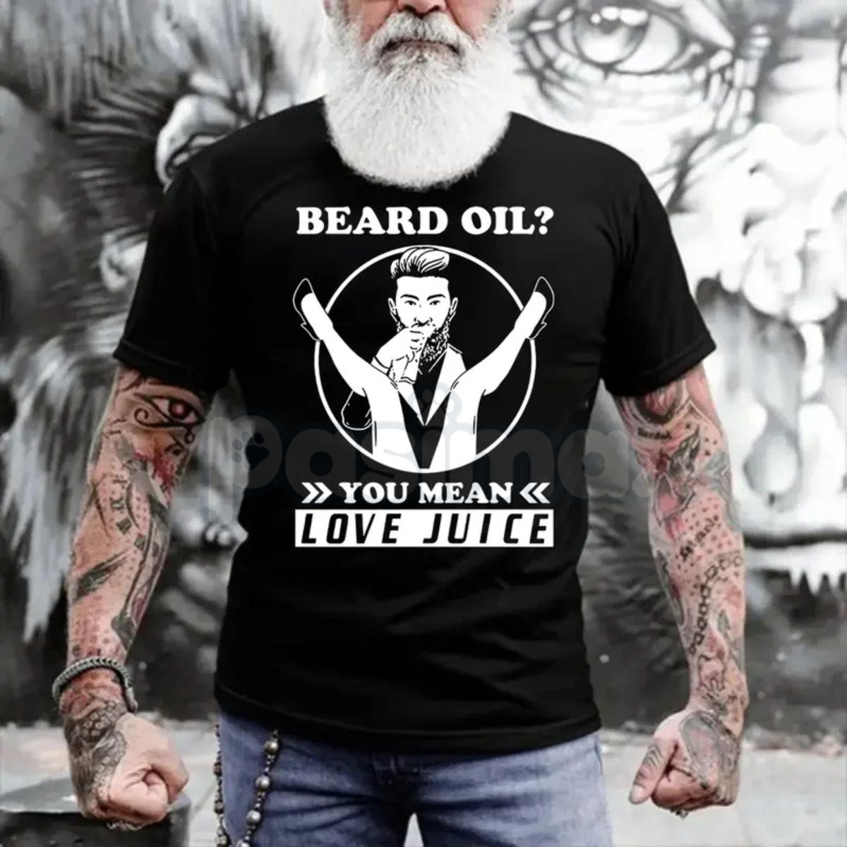 "Beard Oil? You Mean Love Juice" T-Shirt - Funny Men's Beard Grooming Graphic Tee, Sarcastic Facial Hair Humor Shirt, Gag Gift for Bearded Men & Barbers