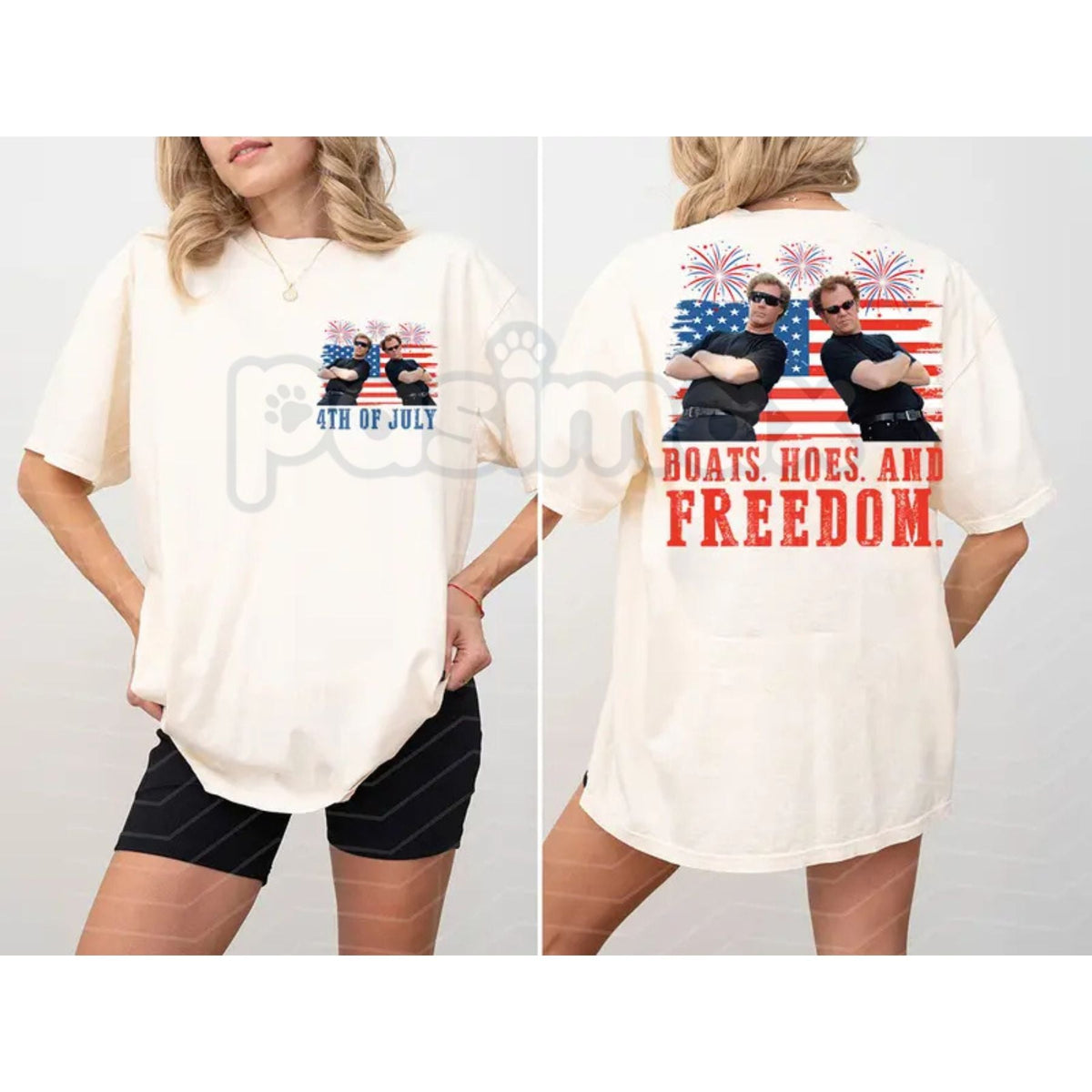 "Boats, Hoes & Freedom" Step Brothers 4th of July T-Shirt – Funny 2-Side Patriotic Graphic Tee, Premium 100% Cotton Independence Day Top, Sarcastic USA Summer Party Apparel, Made in USA
