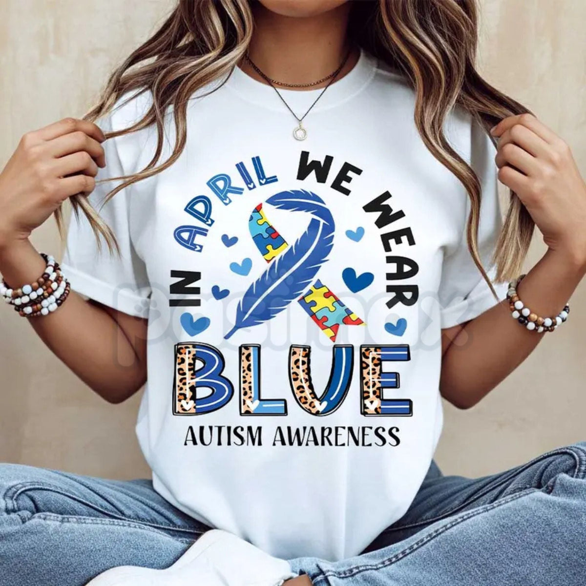 "In April We Wear Blue" Modern Autism T-Shirt – Minimalist Ribbon & Puzzle Graphic Tee, Premium 100% Cotton Advocacy Top, Soft Lived-In Heavyweight Neurodiversity Apparel, Made in USA