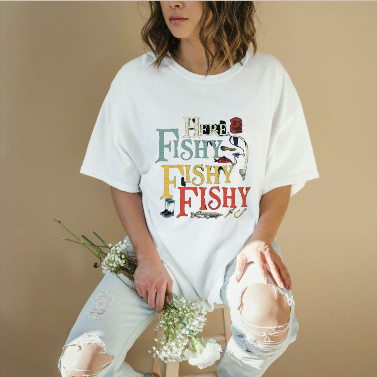 Men's "Here Fishy Fishy" T-Shirt – 100% Cotton Quick-Dry Fishing Graphic Tee 180gsm
