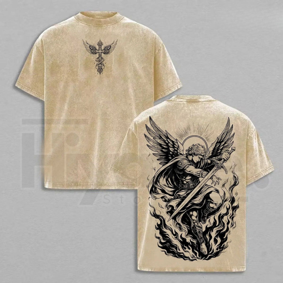 Archangel Michael "Angel of Fire" Vintage Washed Oversized Tee – Heavy Cotton Christian Streetwear