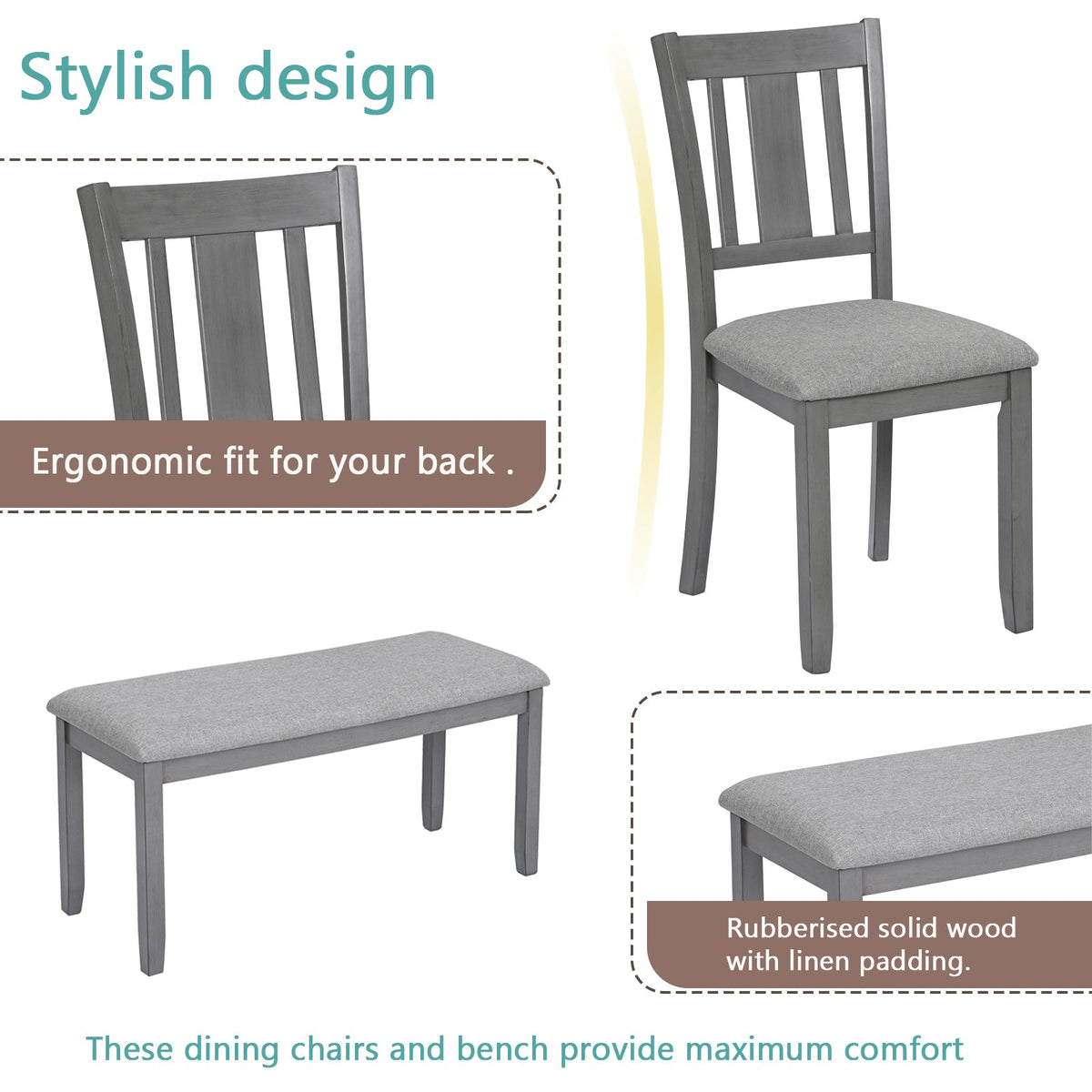 6PCs Kitchen Dining Set, Rectangular Wooden Dining Table with 4 Upholstered Chairs and a Bench, Dining Table Set for 6 People, Living Room, Home Bar and Kitchen, Gray