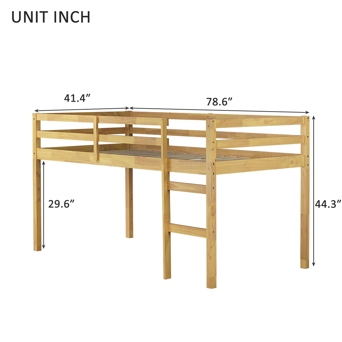 Solid Wooden, Rubber Wooden Twin Loft Bed with Ladder, Bed Platform of Strengthened Slats, Natural