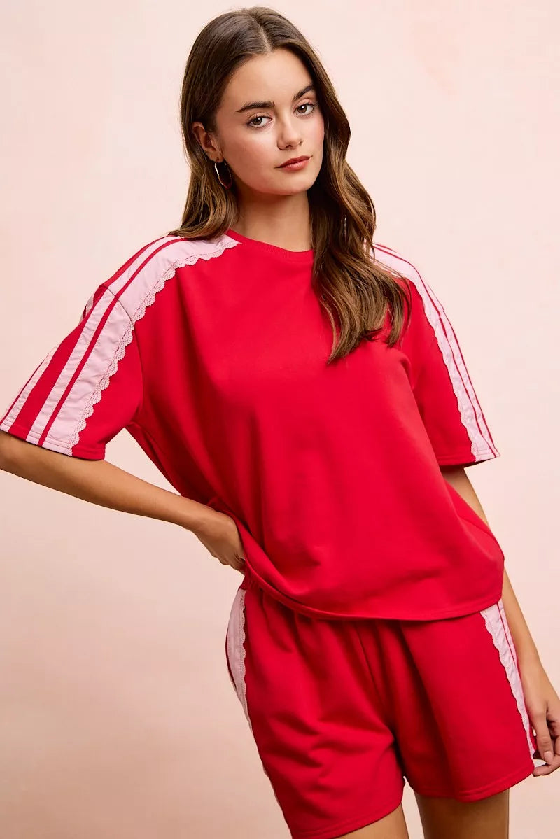 BiBi French Terry Side Lace Detail Short Sleeves Top