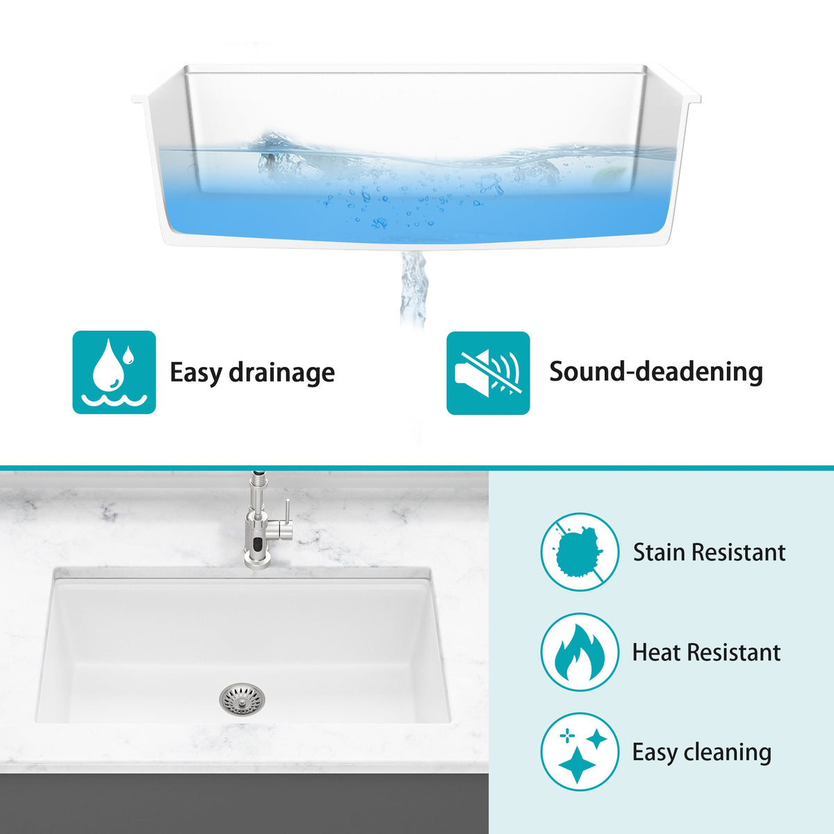 Quartz Kitchen Sink - 32' x 19' White Granite Composite Workstation Undermount Kitchen Sink