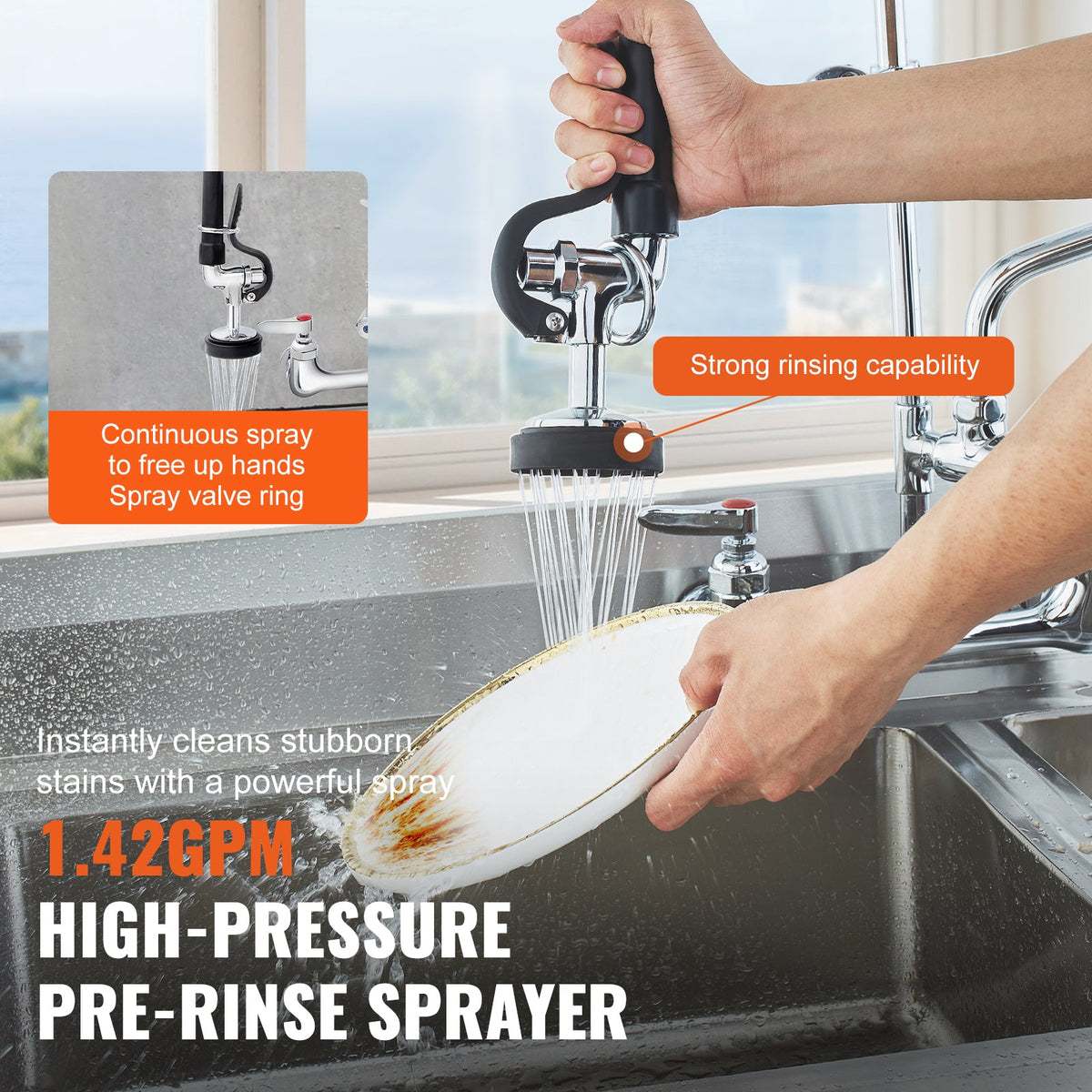 Commercial Faucet with Pre-Rinse Sprayer, 25' Height, 8' Center, 12' Swing Spout, Wall Mount Kitchen Sink Faucet, Brass Constructed Device with Pull Down Spray, for 1/2/3 Compartment Sink