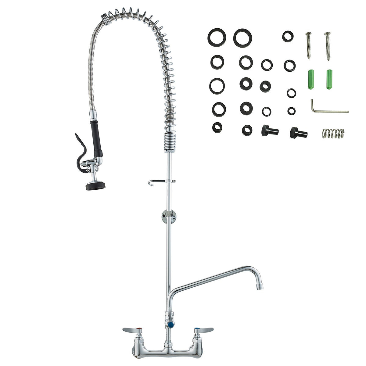Commercial Faucet with Pre-Rinse Sprayer, 47' Height, 8' Center, 12' Swing Spout, Wall Mount Kitchen Sink Faucet, Brass Constructed Device with Pull Down Spray, for 1/2/3 Compartment Sink