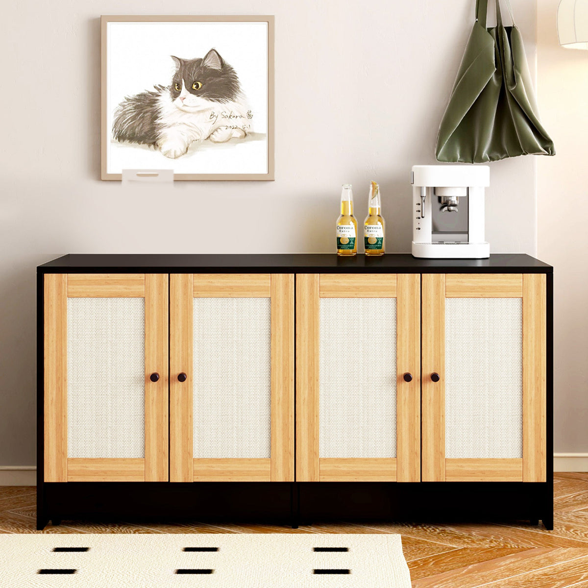 Modern Black Double Litter Box Enclosure with Rattan Doors for Two Cats, 47' L x 19.8' W x 21.8' H