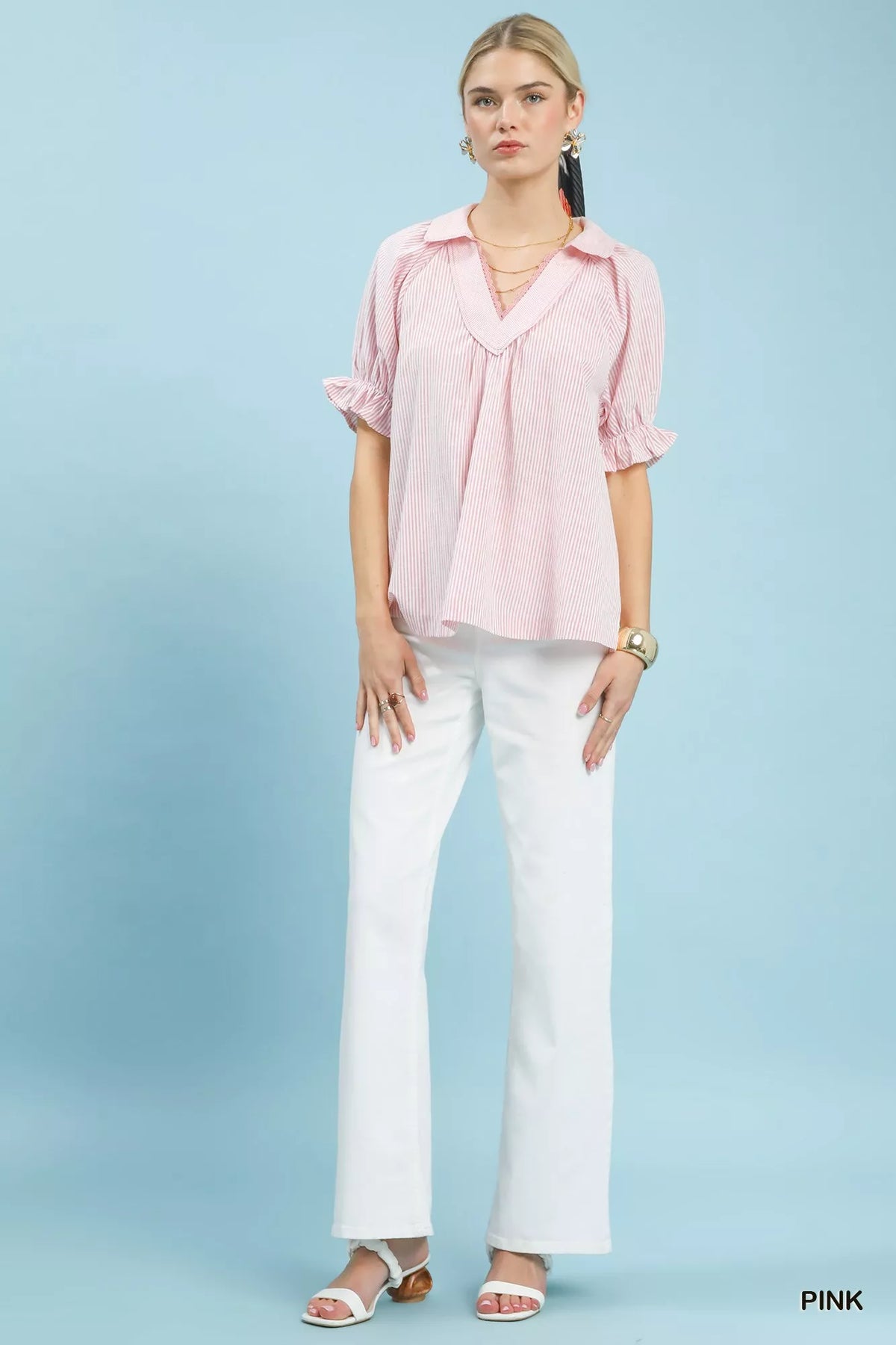 Umgee Pinstripe V-Neck Ruffle Sleeve Blouse